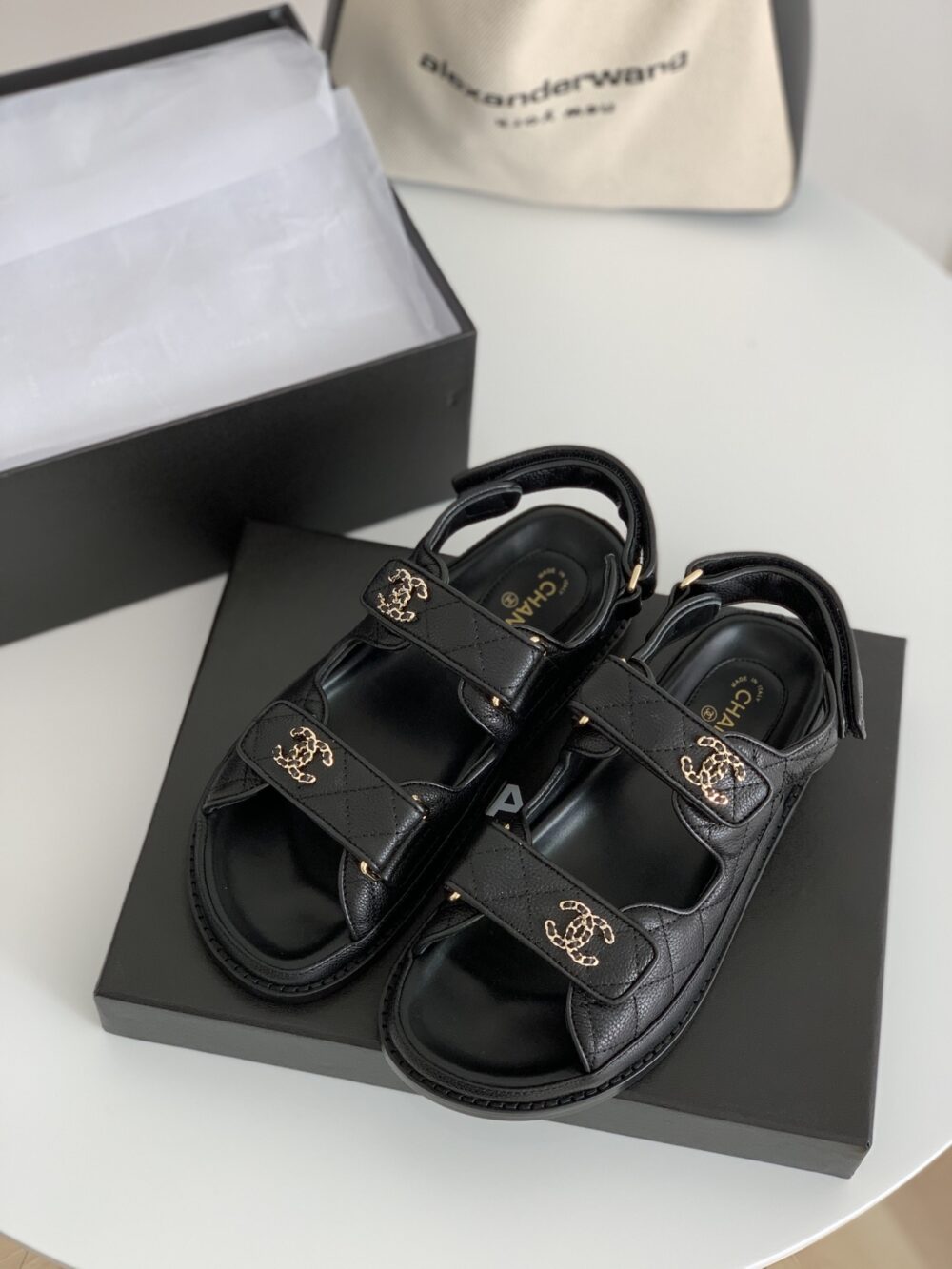 CHANEL CC BUTTON VELCRO BLACK SANDALS GRAINED LEATHER - Image 8