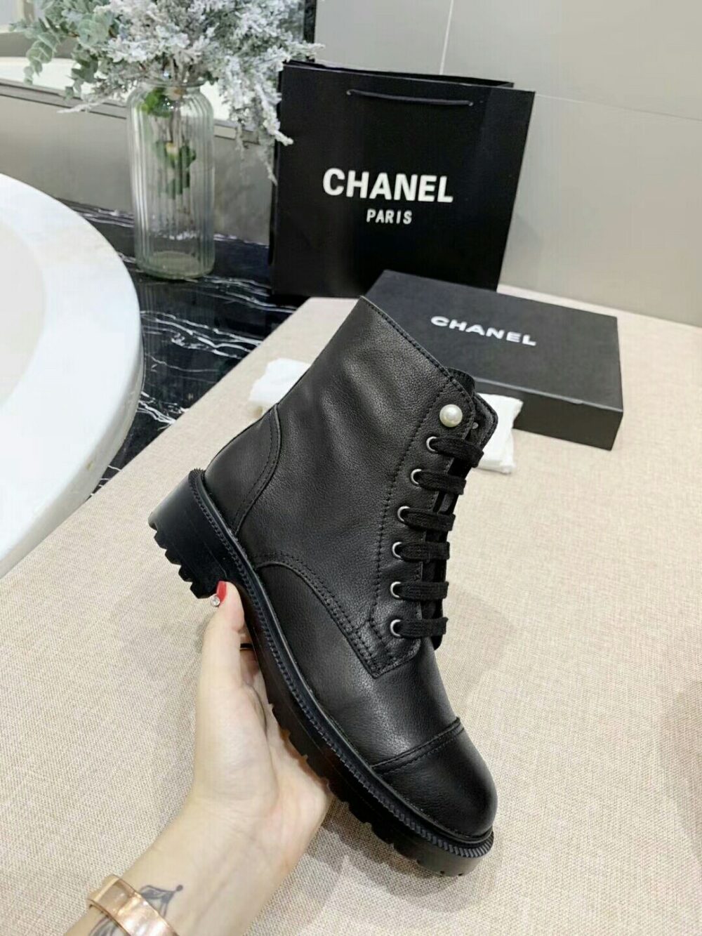 CHANEL BLACK LEATHER COMBAT BOOTS WITH PEARL DETAILING ON TOP - Image 6