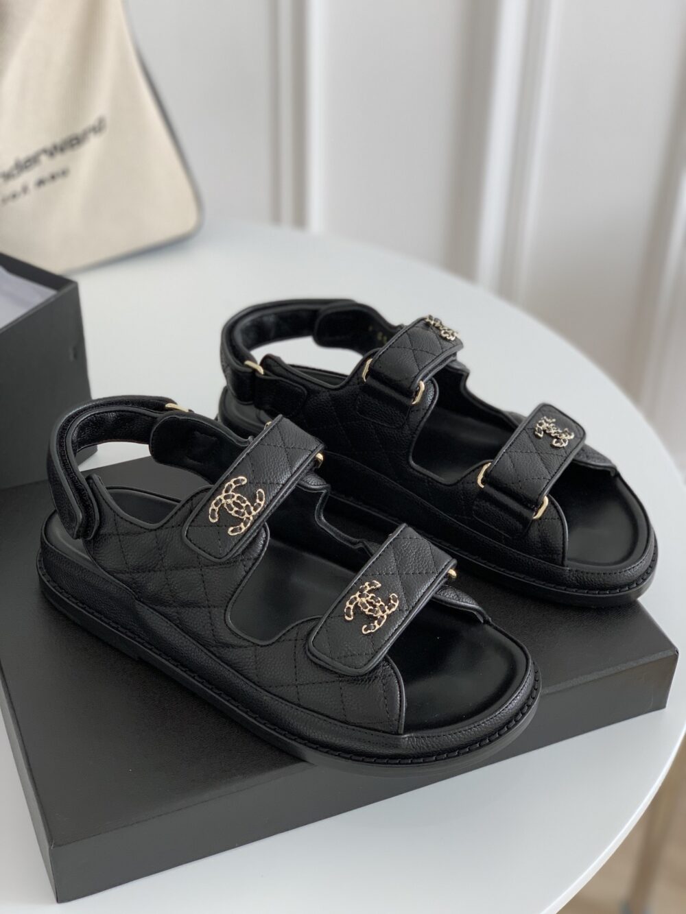 CHANEL CC BUTTON VELCRO BLACK SANDALS GRAINED LEATHER - Image 9