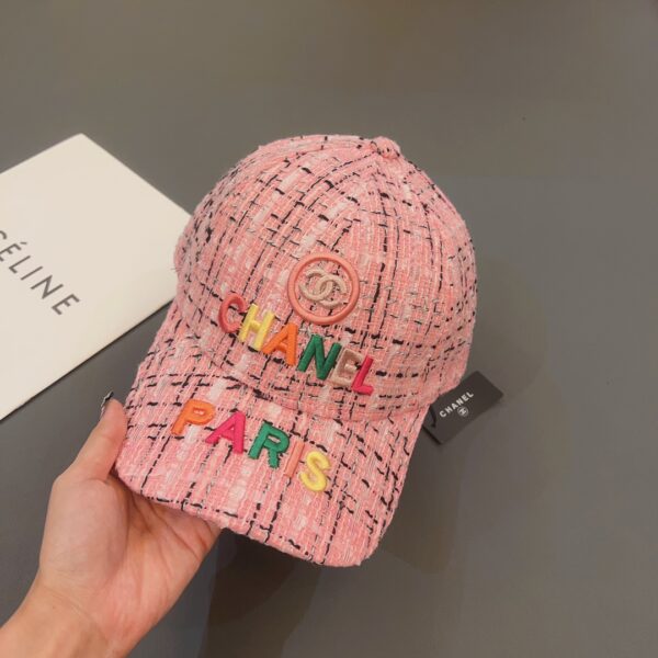 CHANEL FANTASY TWEED MULTICOLOR LOGO BASEBALL CAP HAT PINK - Image 2