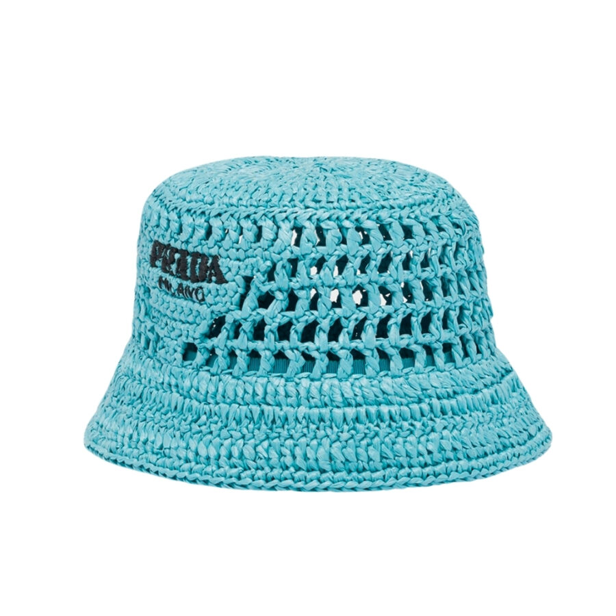 Prada Crochet Bucket Hat Raffia Blue 1HC137 2A2T F0076