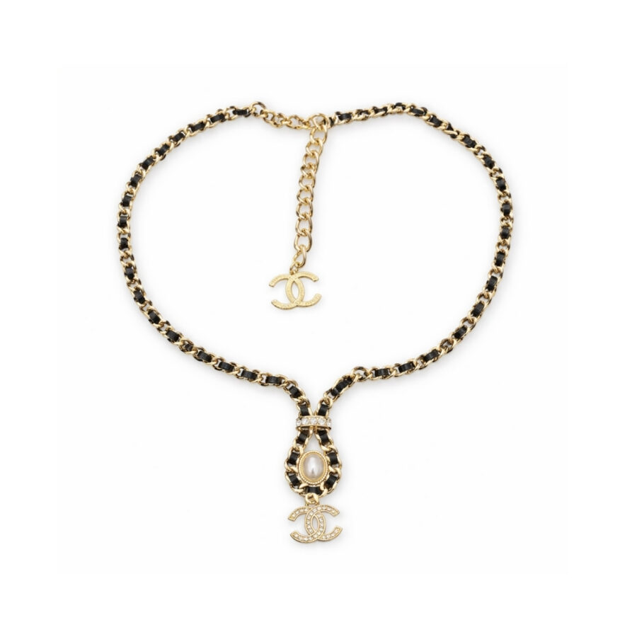 Chanel CC Necklace Leather Chain Pearl Crystal Drop Choker Gold Tone Black