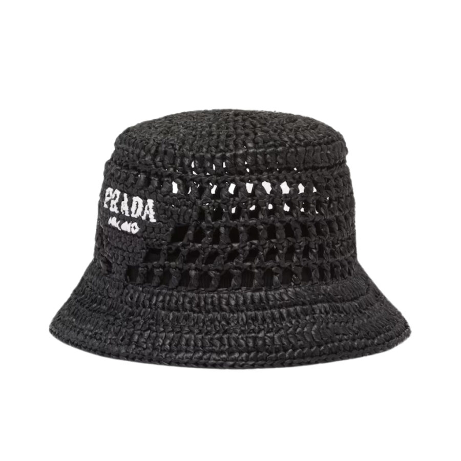 Prada Crochet Bucket Hat Raffia Black 2HC137 2A2T F0002