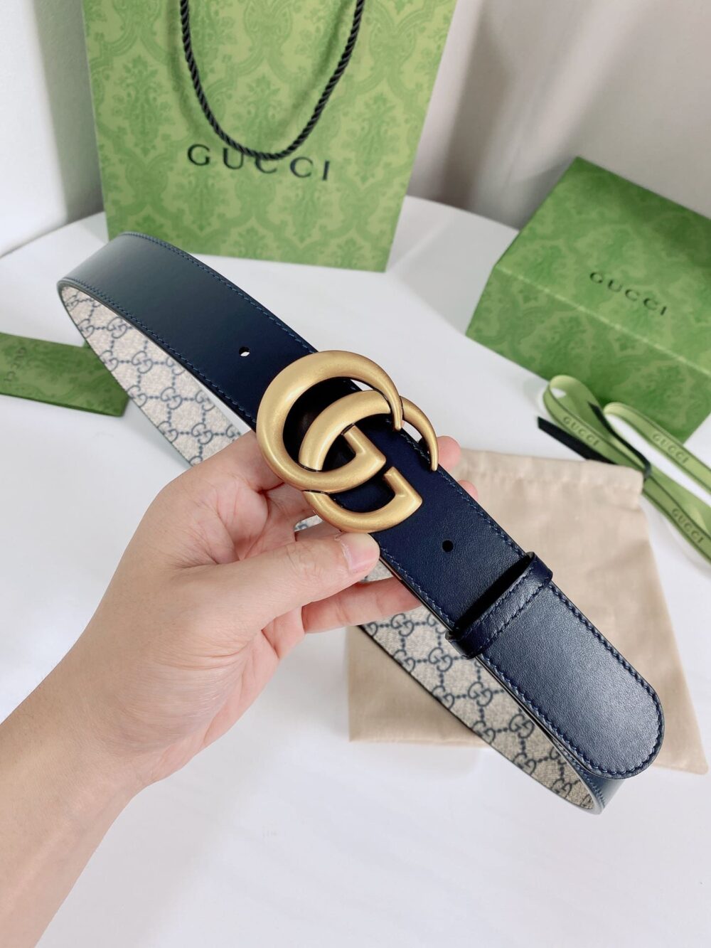 GUCCI GG MARMONT REVERSIBLE BELT GOLD METAL BEIGE BLUE 38MM 659416 92TIC 9769 - Image 5