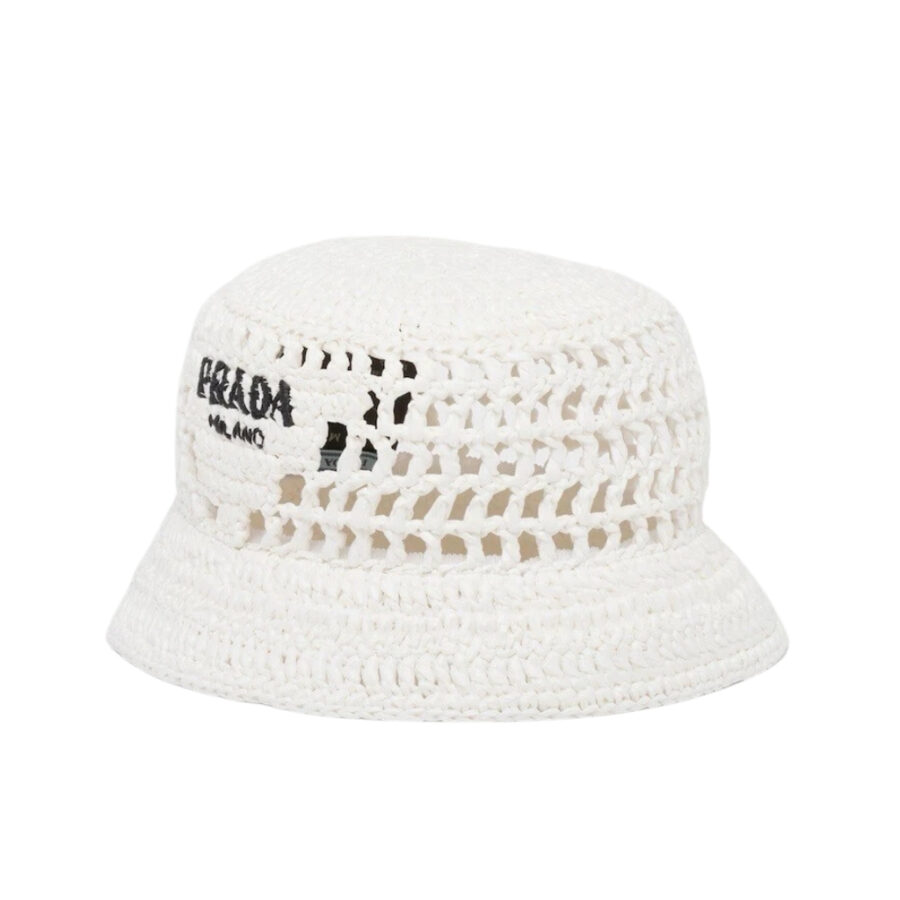 Prada Crochet Bucket Hat Raffia White 1HC137 2A2T F0009
