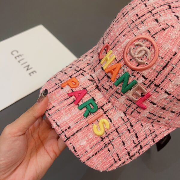 CHANEL FANTASY TWEED MULTICOLOR LOGO BASEBALL CAP HAT PINK - Image 3