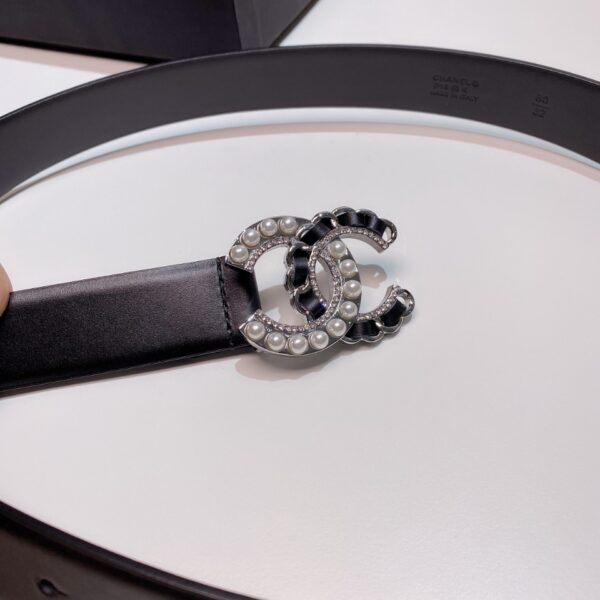 CHANEL BELT WITH PEARLS AND CC LOGO SILVER TONE METAL BELT BLACK 28MM - Image 5