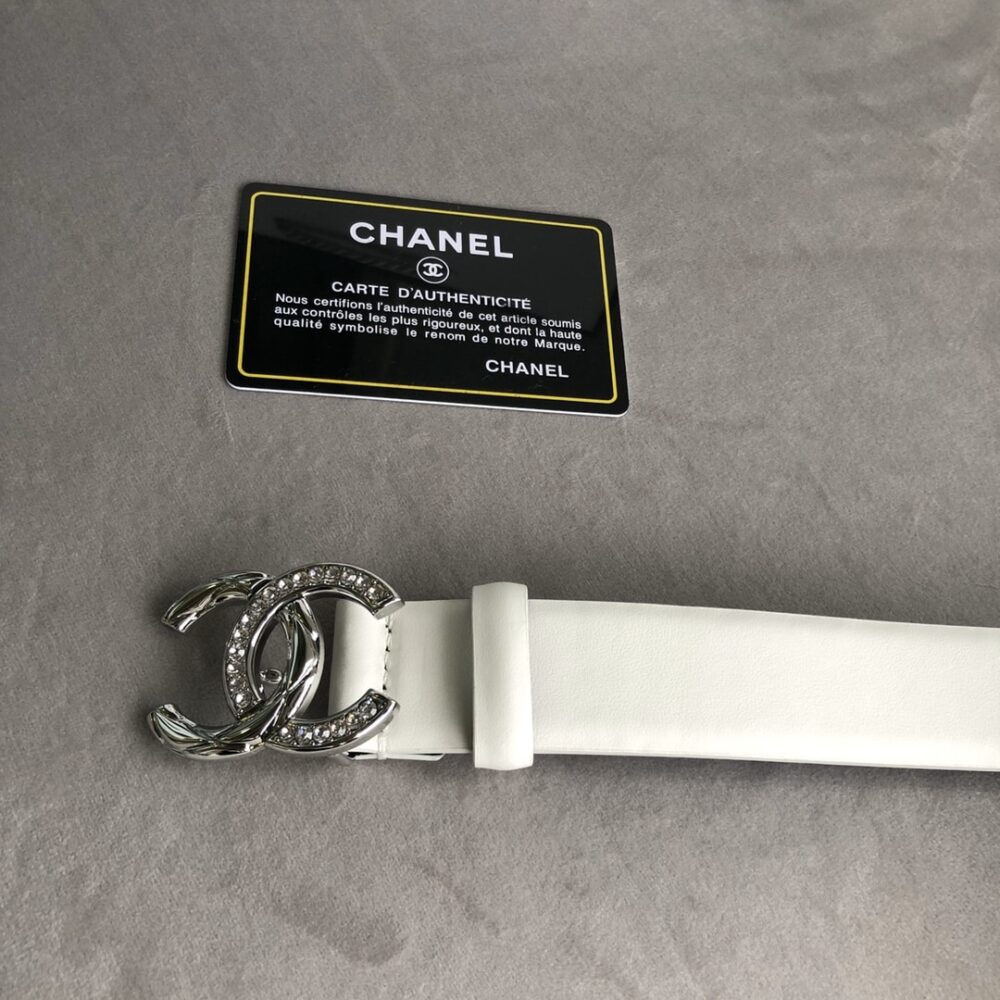 CHANEL LEATHER BELT WITH CC PEARL AND SILVER TONE METAL WHITE 3CM - Image 6