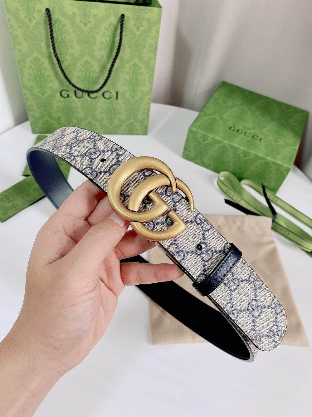 GUCCI GG MARMONT REVERSIBLE BELT GOLD METAL BEIGE BLUE 38MM 659416 92TIC 9769 - Image 7