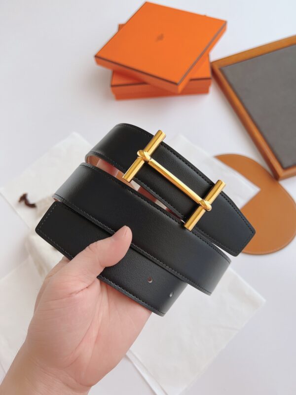 HERMES LEATHER BELT GOLD BUCKLE BLACK 38MM - Image 5