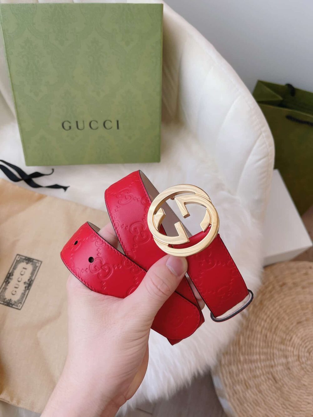 GUCCI MONOGRAM RED BELT GOLD METAL 3.5CM - Image 3