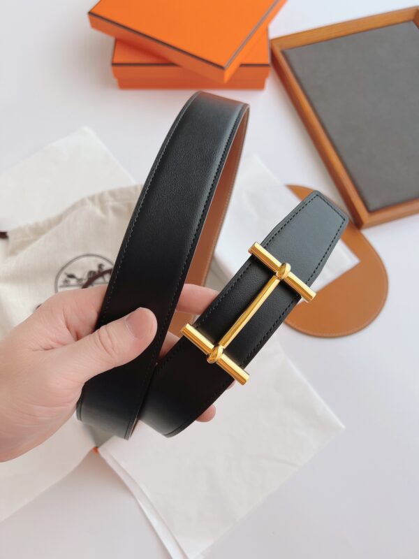 HERMES LEATHER BELT GOLD BUCKLE BLACK 38MM - Image 6