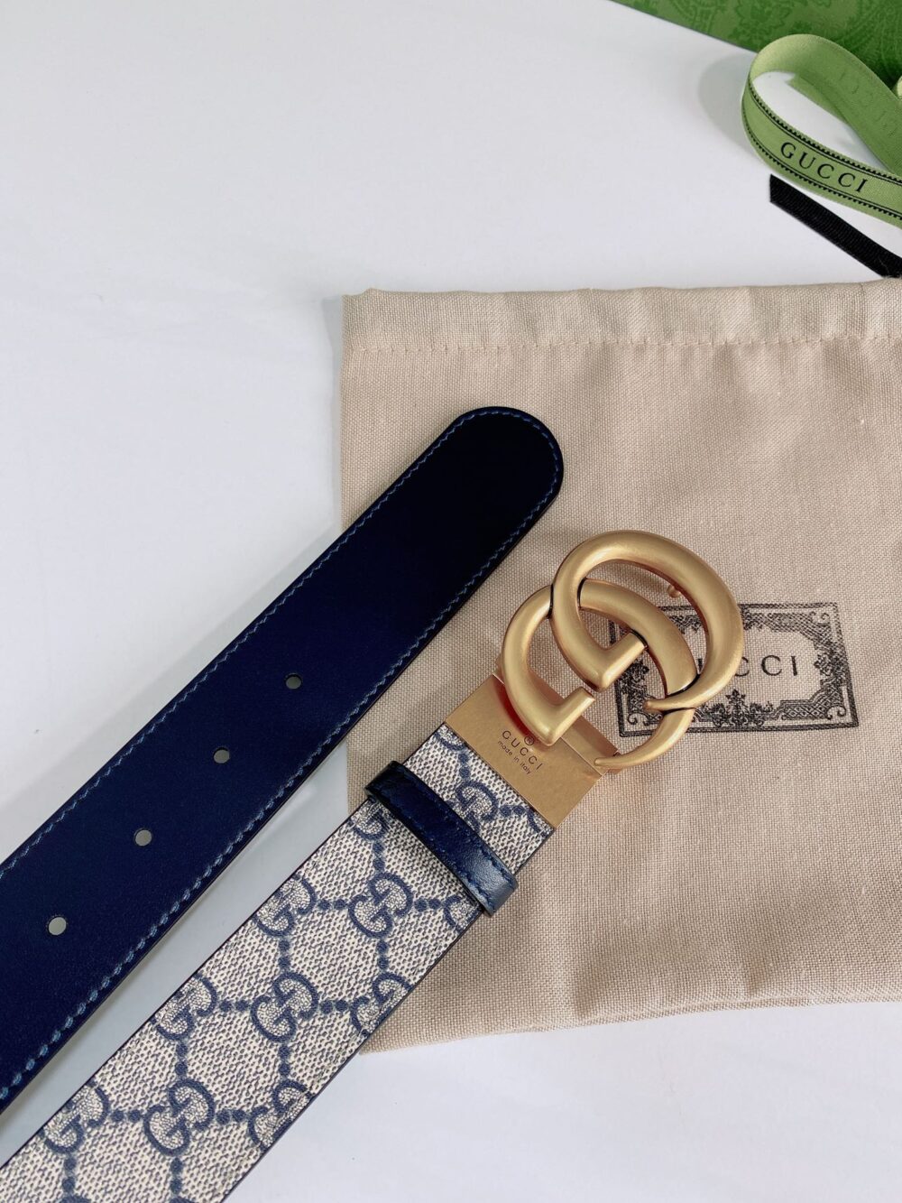 GUCCI GG MARMONT REVERSIBLE BELT GOLD METAL BEIGE BLUE 38MM 659416 92TIC 9769 - Image 4