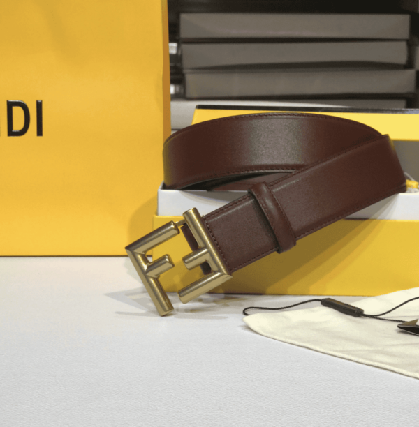 FENDI BROWN LEATHER BELT WITH FF GOLD BUCKLE 40MM - Image 2