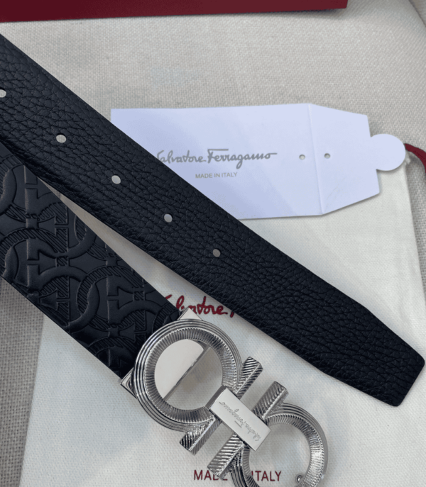 SALVATORE FERRAGAMO GANCINI BLACK LEATHER BELT WITH SILVER METAL BUCKLE - Image 3