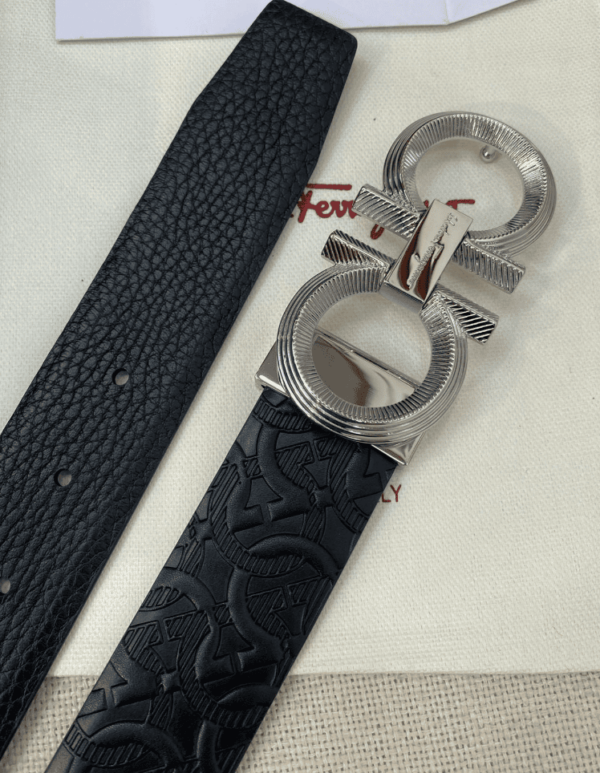 SALVATORE FERRAGAMO GANCINI BLACK LEATHER BELT WITH SILVER METAL BUCKLE - Image 5