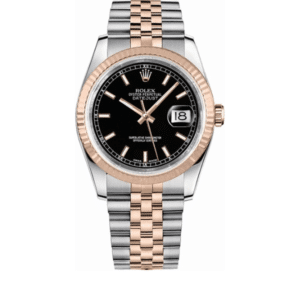ROLEX OYSTER PERPETUAL DATEJUST BLACK DIAL WITH SILVER AND EVEROSE GOLD STRAP 36MM 116231