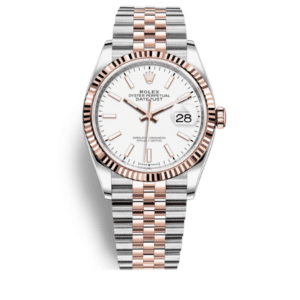 ROLEX OYSTER PERPETUAL DATEJUST WHITE DIAL WITH SILVER AND EVEROSE GOLD STRAP 36MM 126231 0017