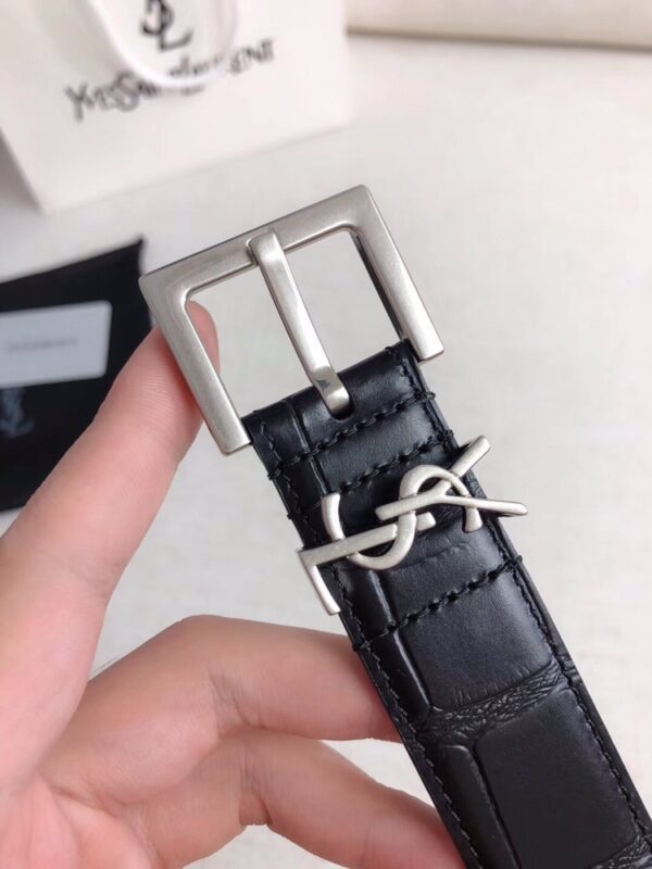 SAINT LAURENT CROC EMBOSSED LEATHER BELT BLACK AND SILVER 26267332 - Image 2