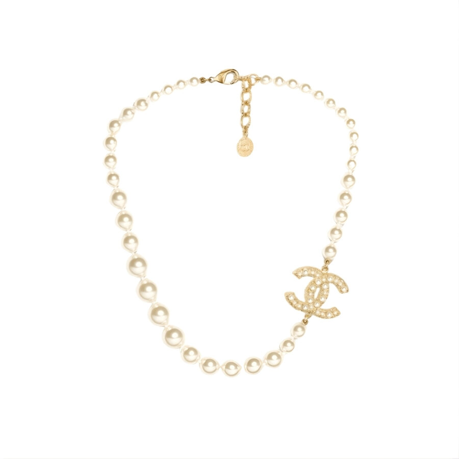 Chanel CC Metallic Gold Tone Coco Faux Pearl Necklace