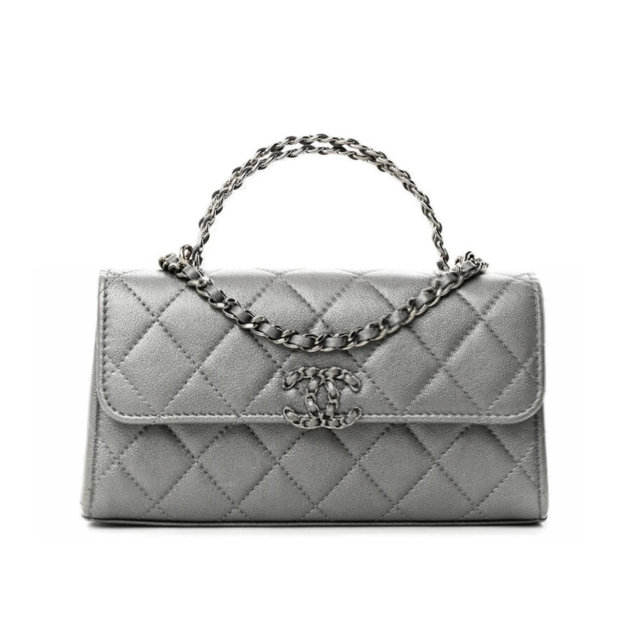 Chanel 23P Clutch With Chain Bag Grained Leather Silver 18cm