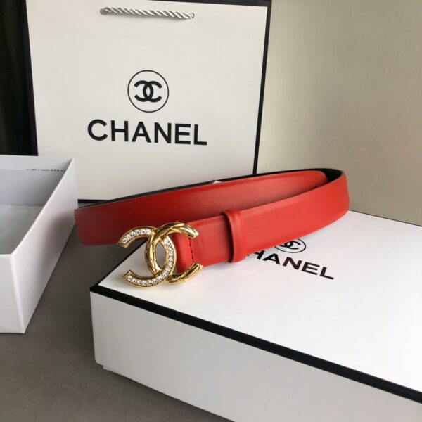 CHANEL LEATHER BELT WITH CC PEARL AND GOLD TONE METAL RED 3CM - Image 6
