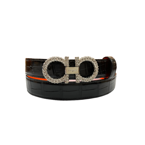 SALVATORE FERRAGAMO GANCINI LEATHER BELT WITH SILVER METAL PEARLS BUCKLE 2.5CM