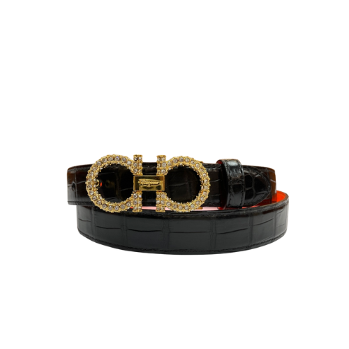 SALVATORE FERRAGAMO GANCINI LEATHER BELT WITH GOLD METAL PEARLS BUCKLE 2.5CM