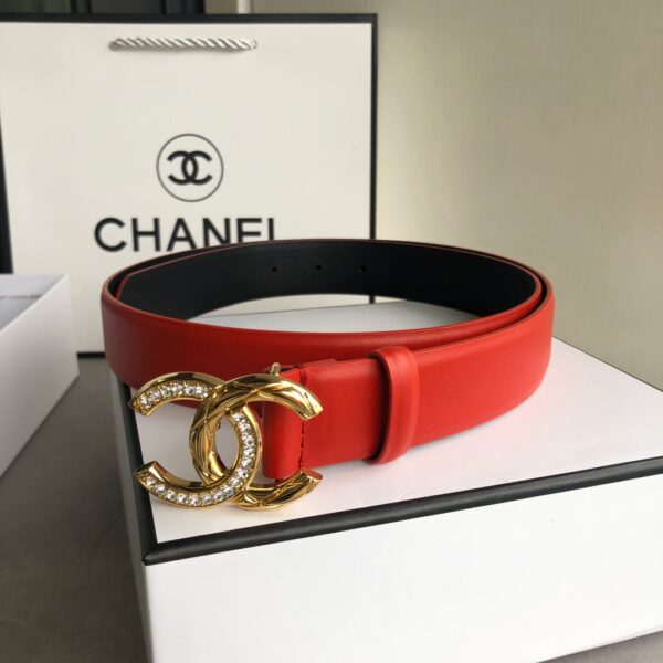 CHANEL LEATHER BELT WITH CC PEARL AND GOLD TONE METAL RED 3CM - Image 5