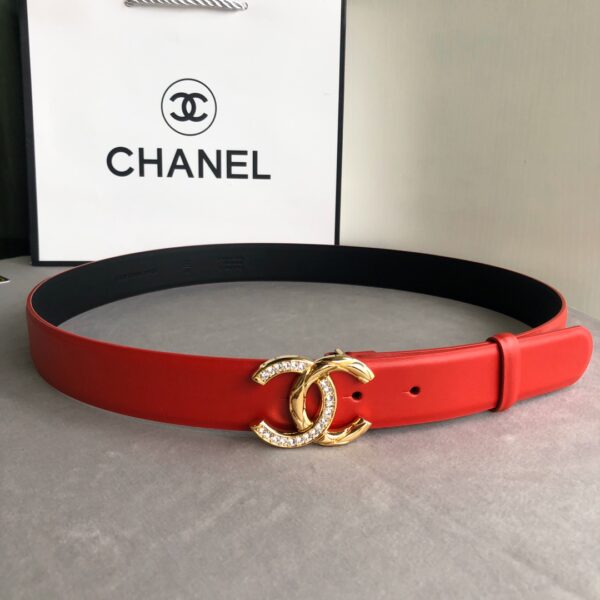 CHANEL LEATHER BELT WITH CC PEARL AND GOLD TONE METAL RED 3CM - Image 4