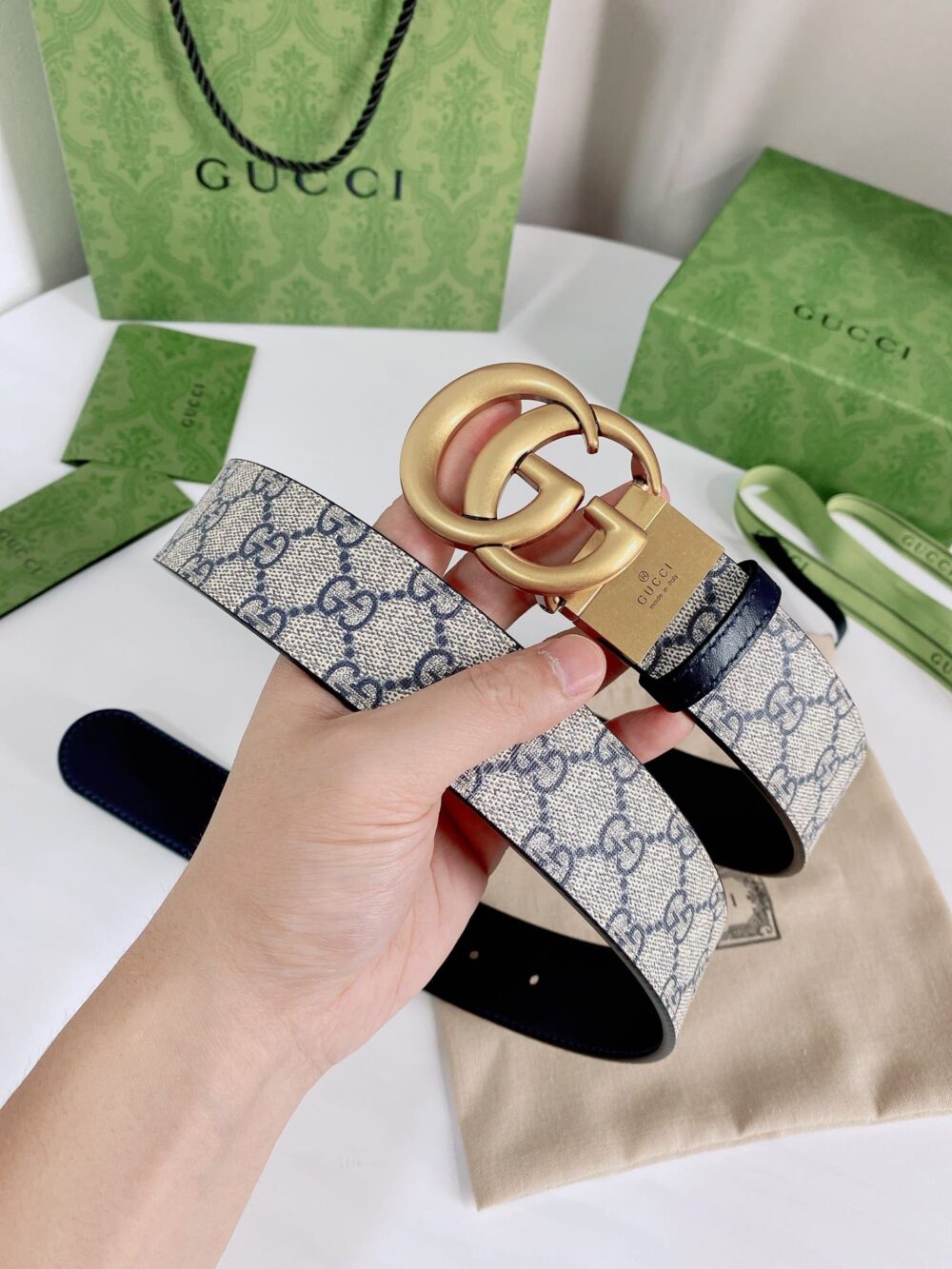 GUCCI GG MARMONT REVERSIBLE BELT GOLD METAL BEIGE BLUE 38MM 659416 92TIC 9769 - Image 2