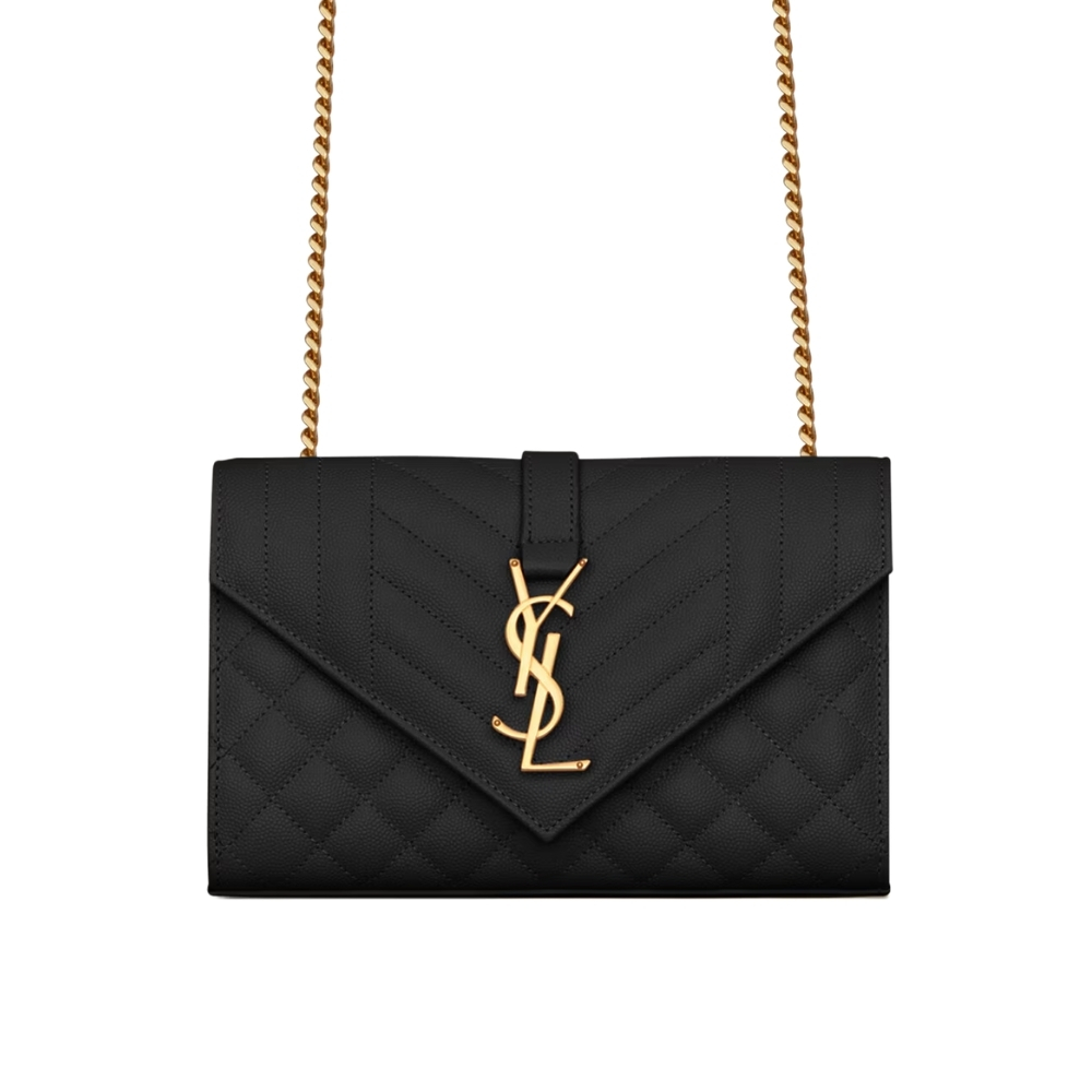 SAINT LAURENT ENVELOPE SMALL IN QUILTED GRAIN DE POUDRE EMBOSSED LEATHER GOLD BLACK 21CM 600195BOW911000