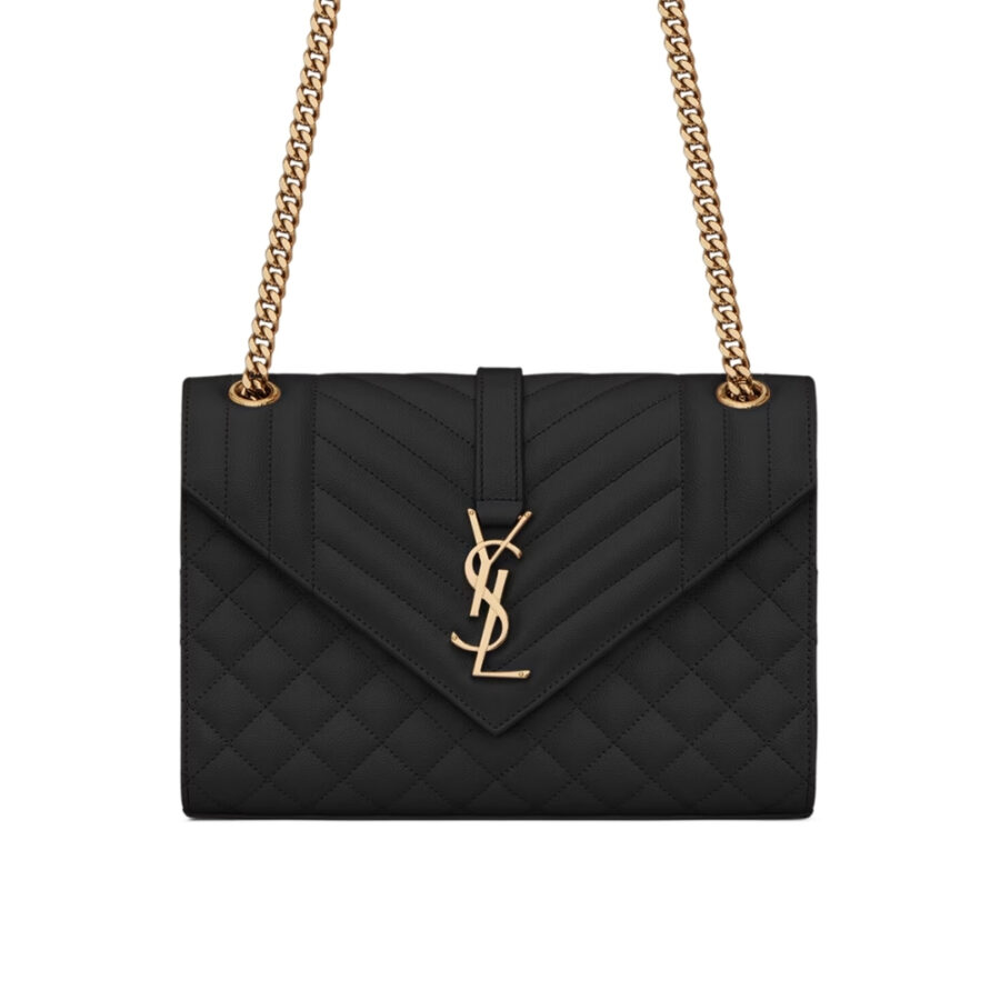 SAINT LAURENT ENVELOPE MEDIUM IN QUILTED GRAIN DE POUDRE EMBOSSED LEATHER BLACK GOLD 24CM 600185BOW911000
