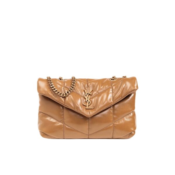 SAINT LAURENT PUFFER TOY BAG IN QUILTED LIGHT BROWN 26CM