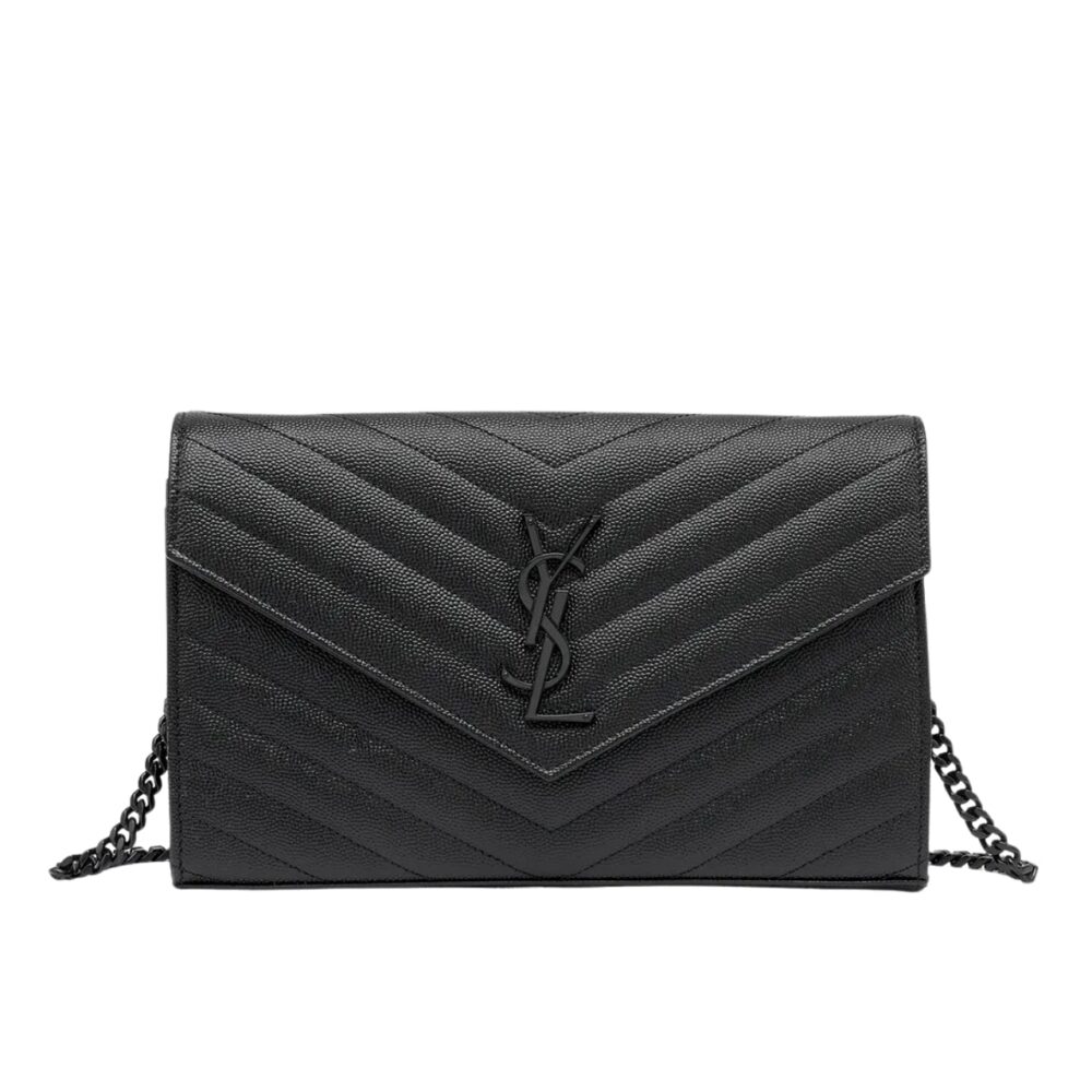SAINT LAURENT CASSANDRE MATELASSÉ CHAIN WALLET IN GRAIN DE POUDRE EMBOSSED BLACK NOIR 22CM 377828BOW081000