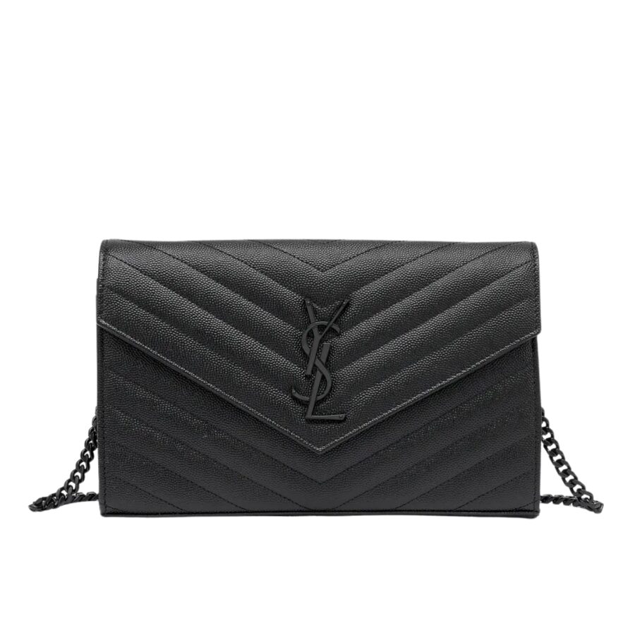 SAINT LAURENT CASSANDRE MATELASSÉ CHAIN WALLET IN GRAIN DE POUDRE EMBOSSED BLACK NOIR 22CM 377828BOW081000