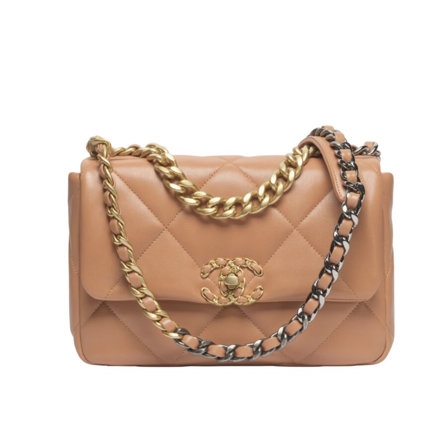 CHANEL 19 FLAP BAG SHINY GOLD AND SILVER TONE CAMEL 26CM AS1160 B04852 NB356
