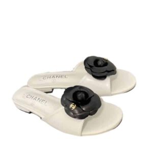 CHANEL BLACK CAMELLIA SLIDES WHITE