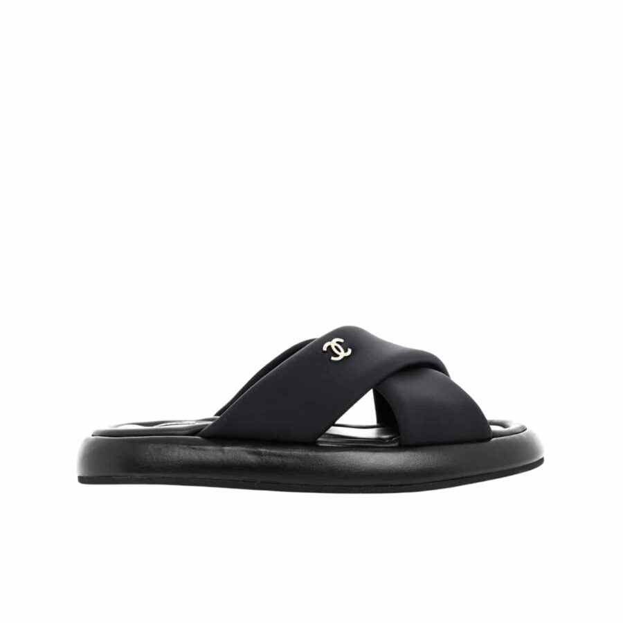 CHANEL CC LOGO CRISS CROSS SLIDES BLACK