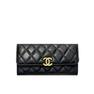 CHANEL CC LOGO LONG FLAP WALLET GOLD BLACK 19CM