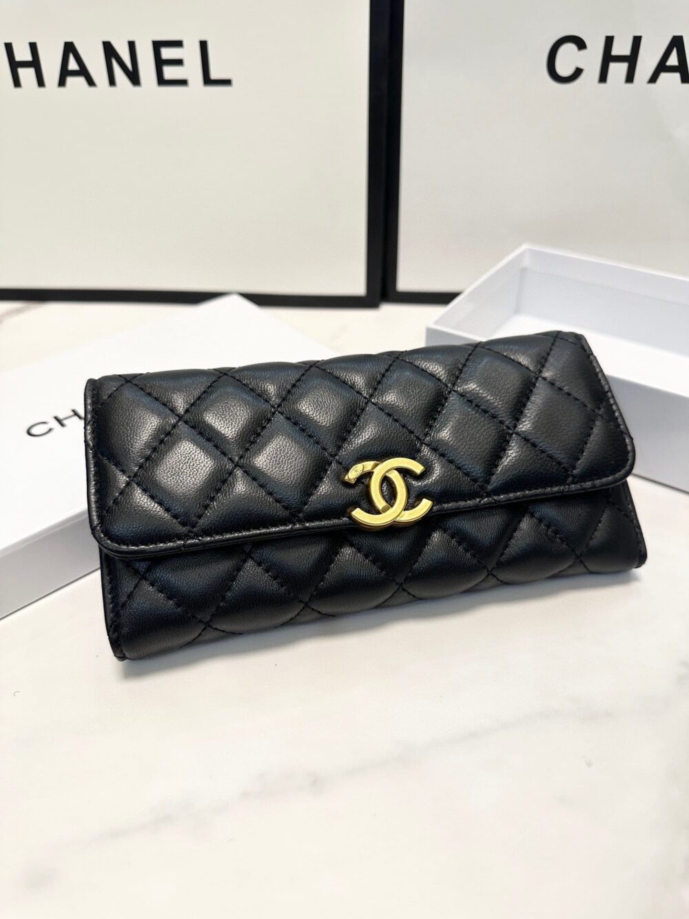 CHANEL CC LOGO LONG FLAP WALLET GOLD BLACK 19CM - Image 2