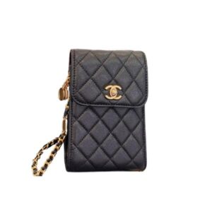 CHANEL PHONE HOLDER WITH CHAIN GRAIND GOLD BLACK 17CM