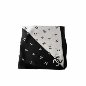 CHANEL MULTI LETTERS SQUARE SILK SCARF BLACK WHITE