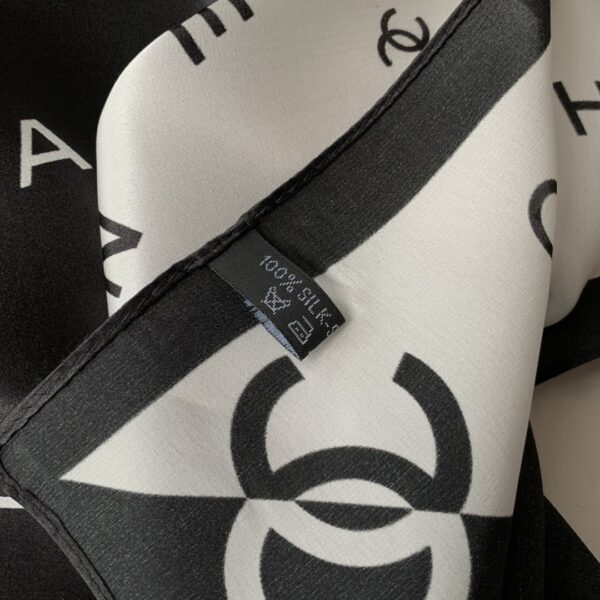 CHANEL MULTI LETTERS SQUARE SILK SCARF BLACK WHITE - Image 4