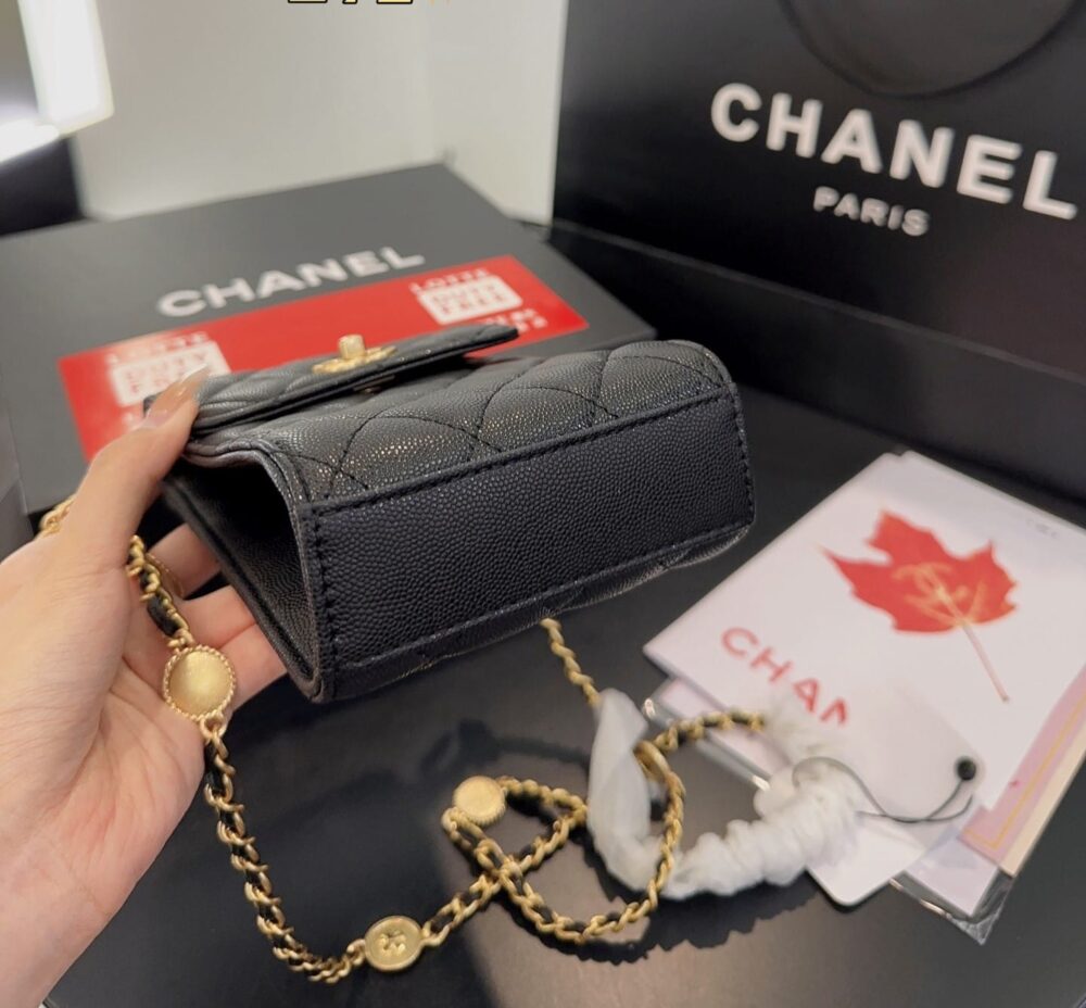 CHANEL PHONE HOLDER WITH CHAIN GRAIND GOLD BLACK 17CM - Image 4