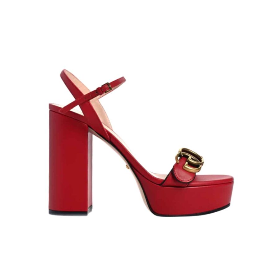 GUCCI GG LEATHER HEELED SANDAL RED