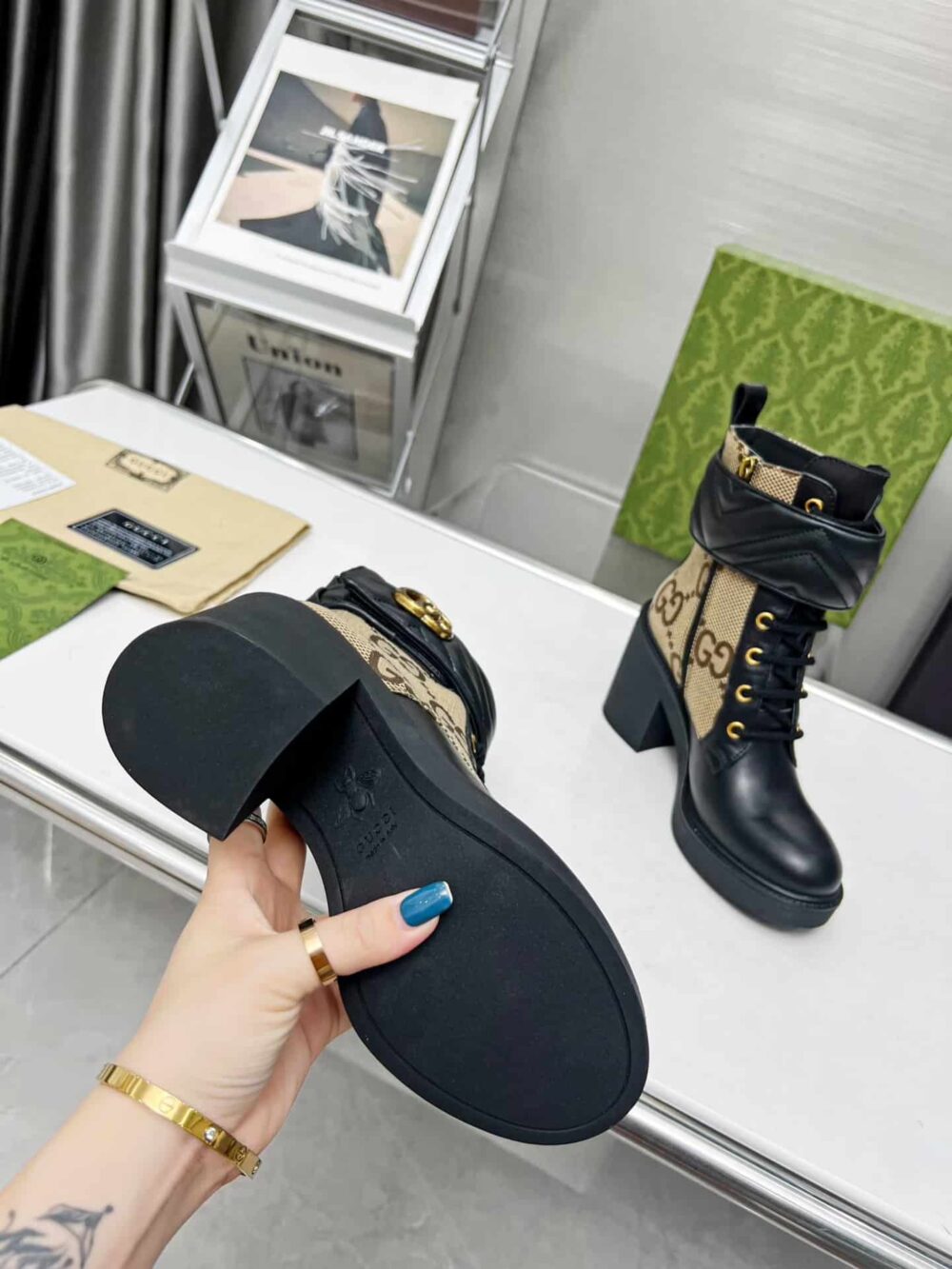 GUCCI WITH DOUBLE G ANKLE BOOTS CAMEL EBONY 719849 AABD0 1183 - Image 3