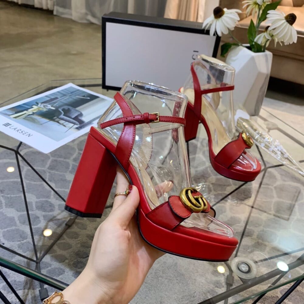GUCCI GG LEATHER HEELED SANDAL RED - Image 9