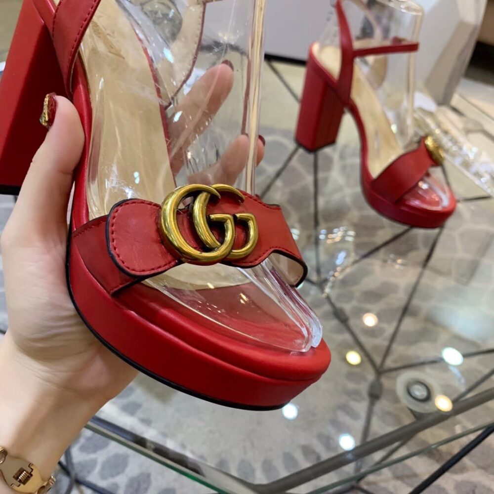 GUCCI GG LEATHER HEELED SANDAL RED - Image 5