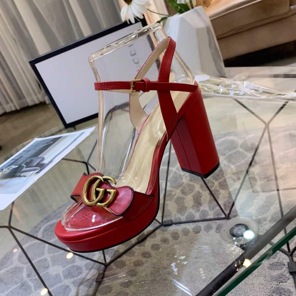 GUCCI GG LEATHER HEELED SANDAL RED - Image 4